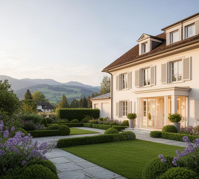 Elegante Villa im Aargau mit gepflegtem Garten und heller Eingangspartie