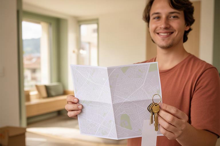 Neu zugezogene Person mit Stadtplan und Schlüsselbund in einer modernen Wohnung