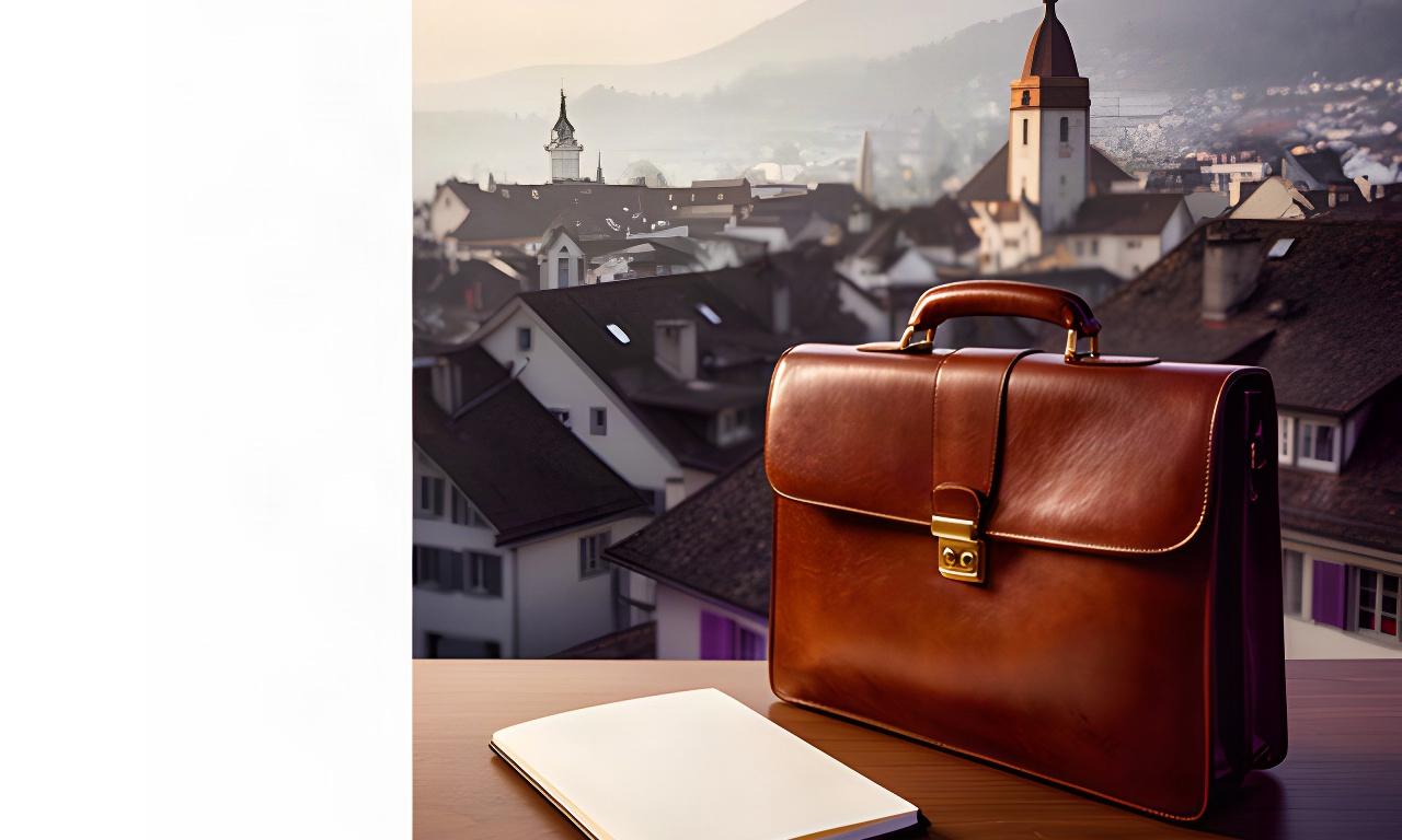 Elegante Ledertasche und Notizbuch auf einem Tisch mit Blick auf die Dächer von Aarau