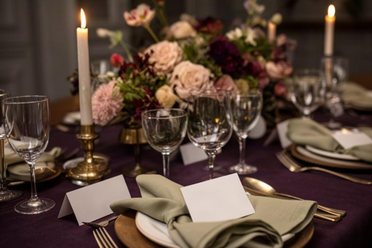 Eleganter gedeckter Tisch mit Blumen und gedämpftem Licht für einen privaten Anlass