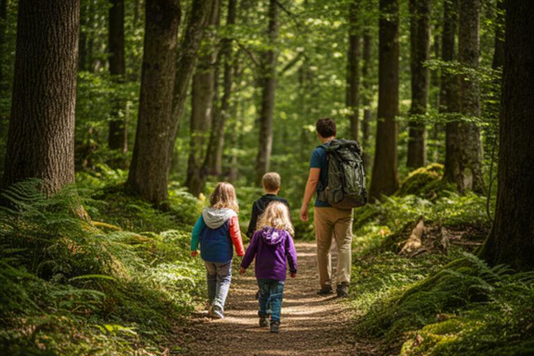 Familie entdeckt einen Waldweg mit Kindern und Rucksack im Aargau